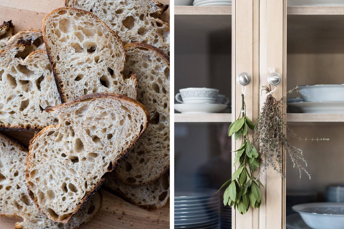 sliced sourdough and hanging herbs