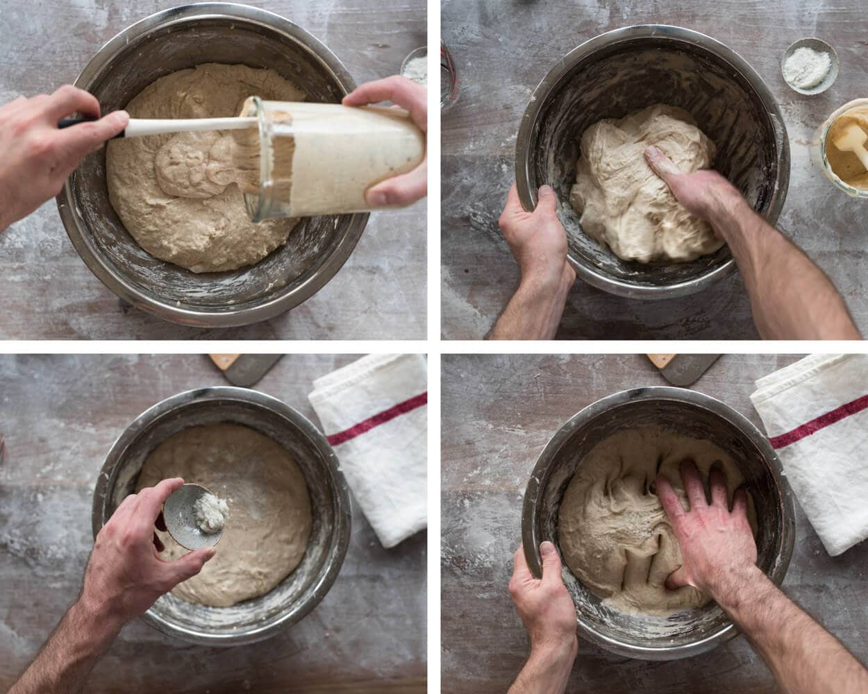 hand mixing levain, salt, flour and water