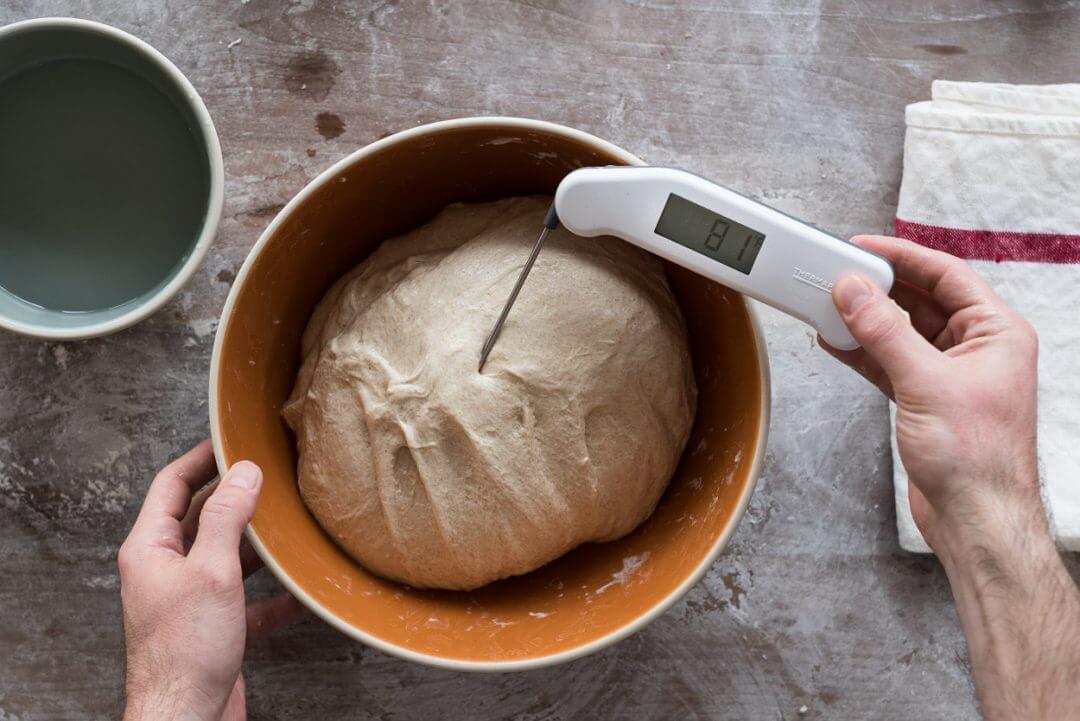 Taking the final dough temperature.