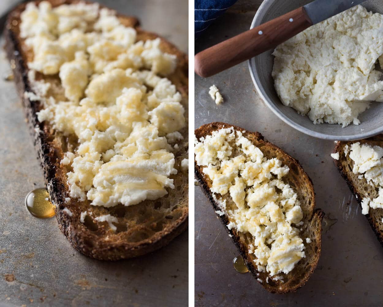 polenta and rosemary slice with fresh ricotta and honey