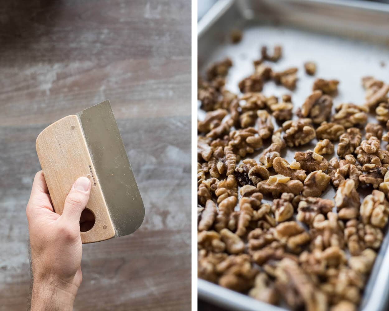 Bench scraper and toasted walnuts