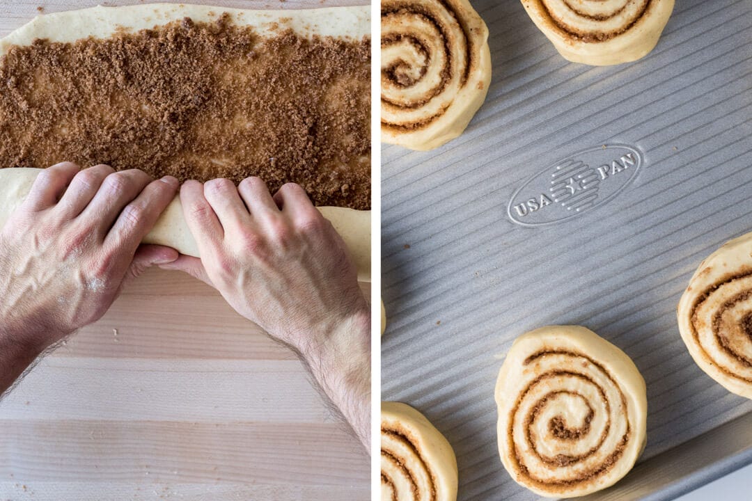 sourdough cinnamon rolls rolling and pan