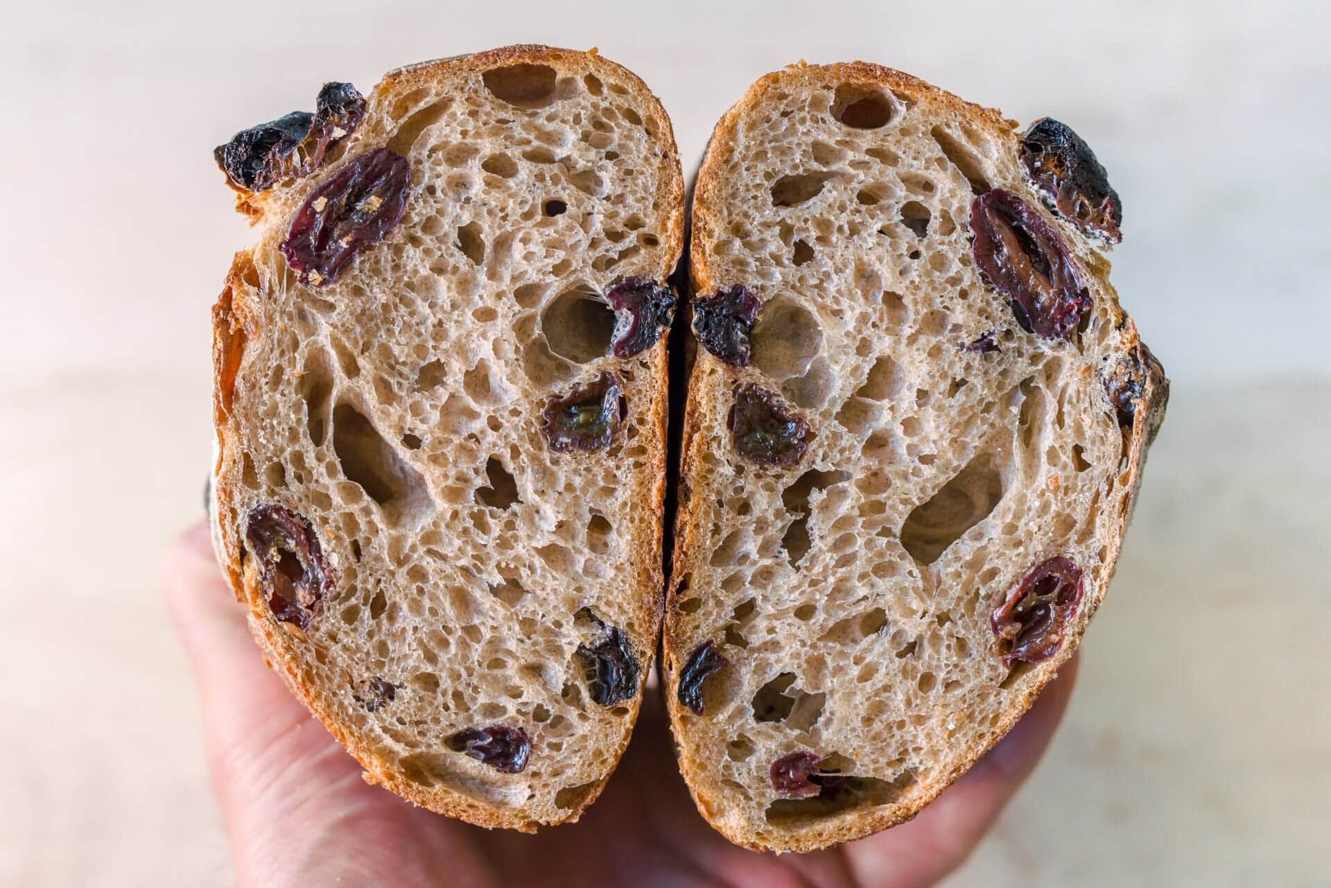 Cinnamon Raisin Sourdough crumb via @theperfectloaf