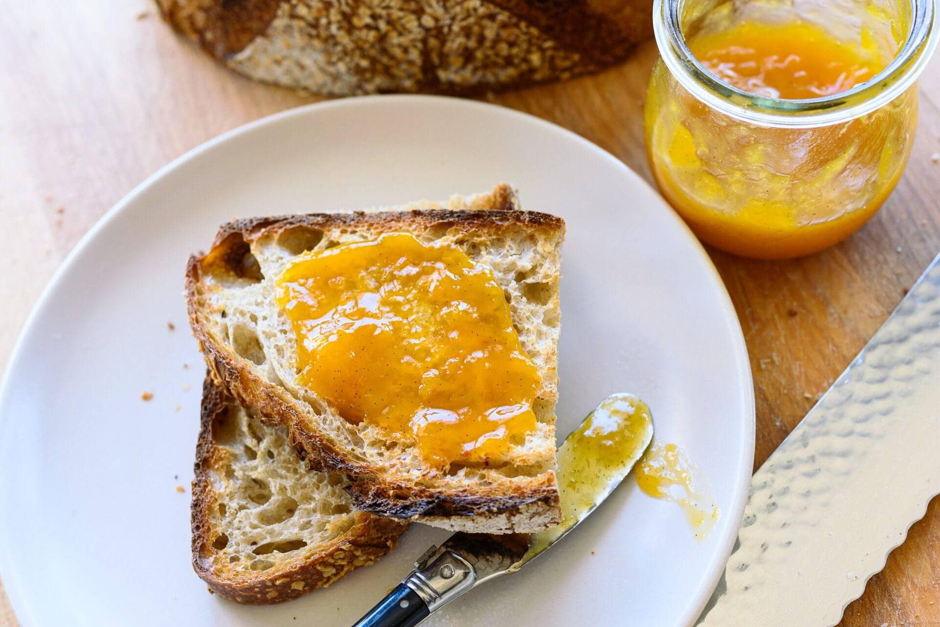 Malted wheat sourdough bread with homemade apricot jam