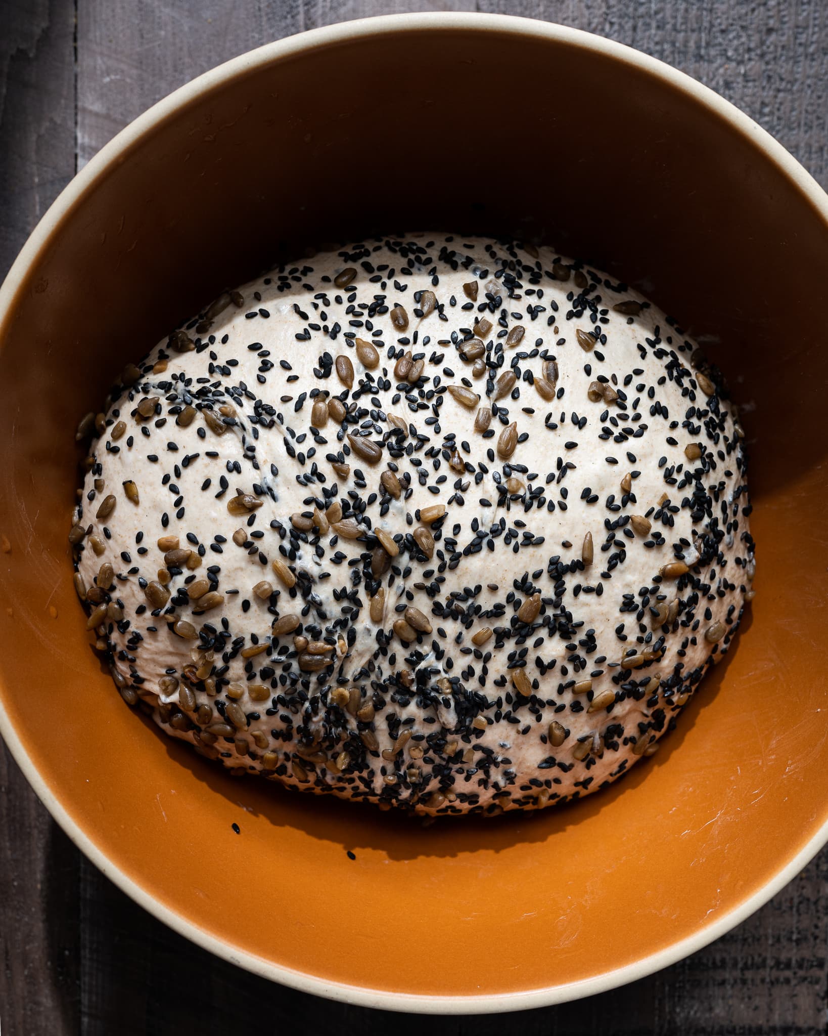 roasted sunflower and black sesame seeds mixed into dough