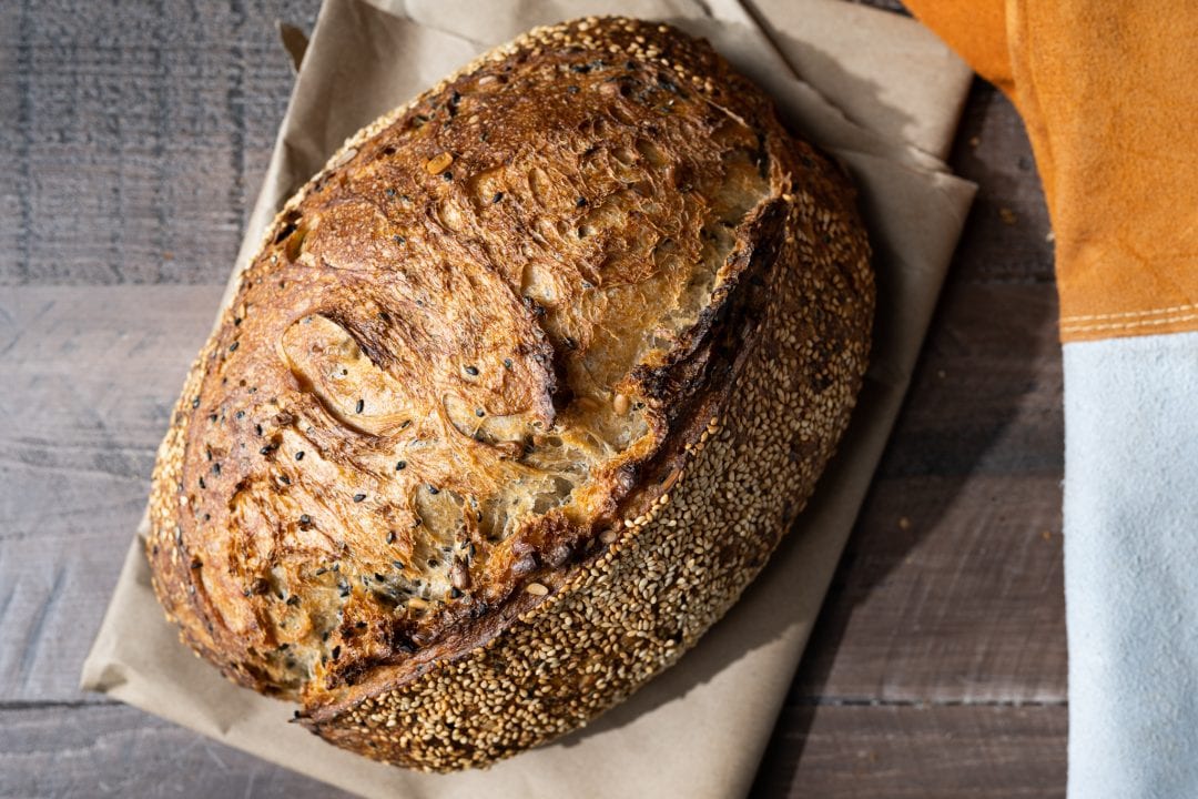 sunflower and sesame sourdough bread crust