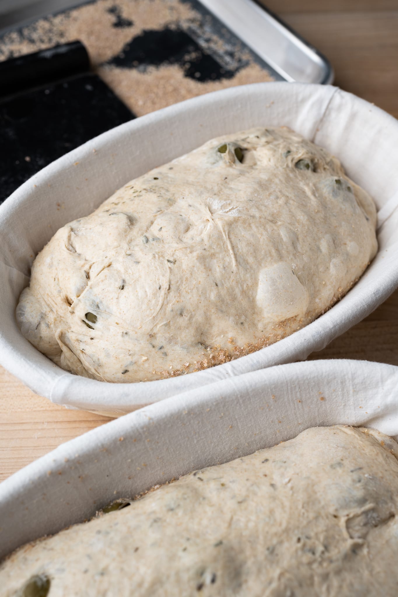 Shaped green olive and herb sourdough bread