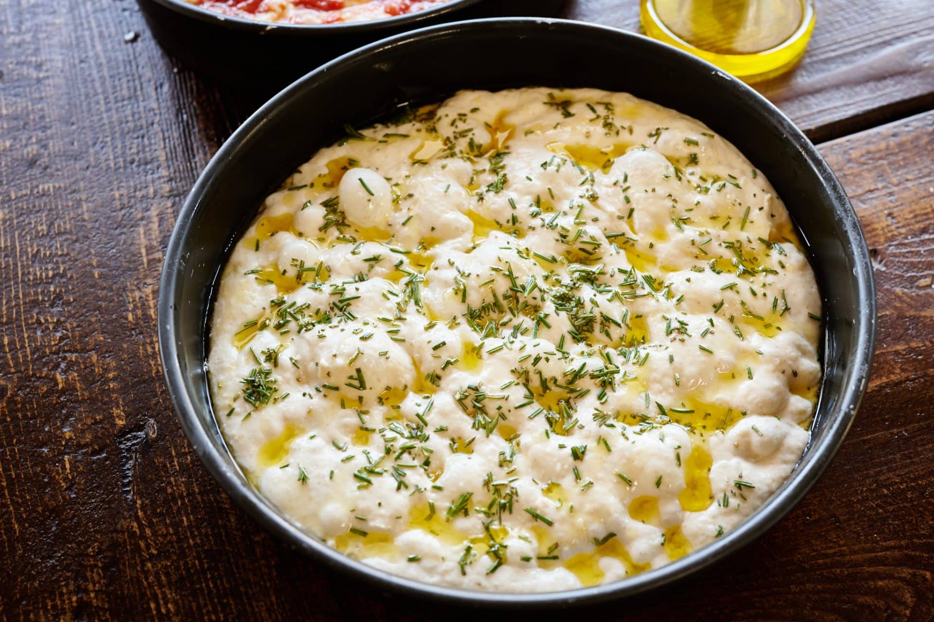 Sourdough focaccia topped with olive oil