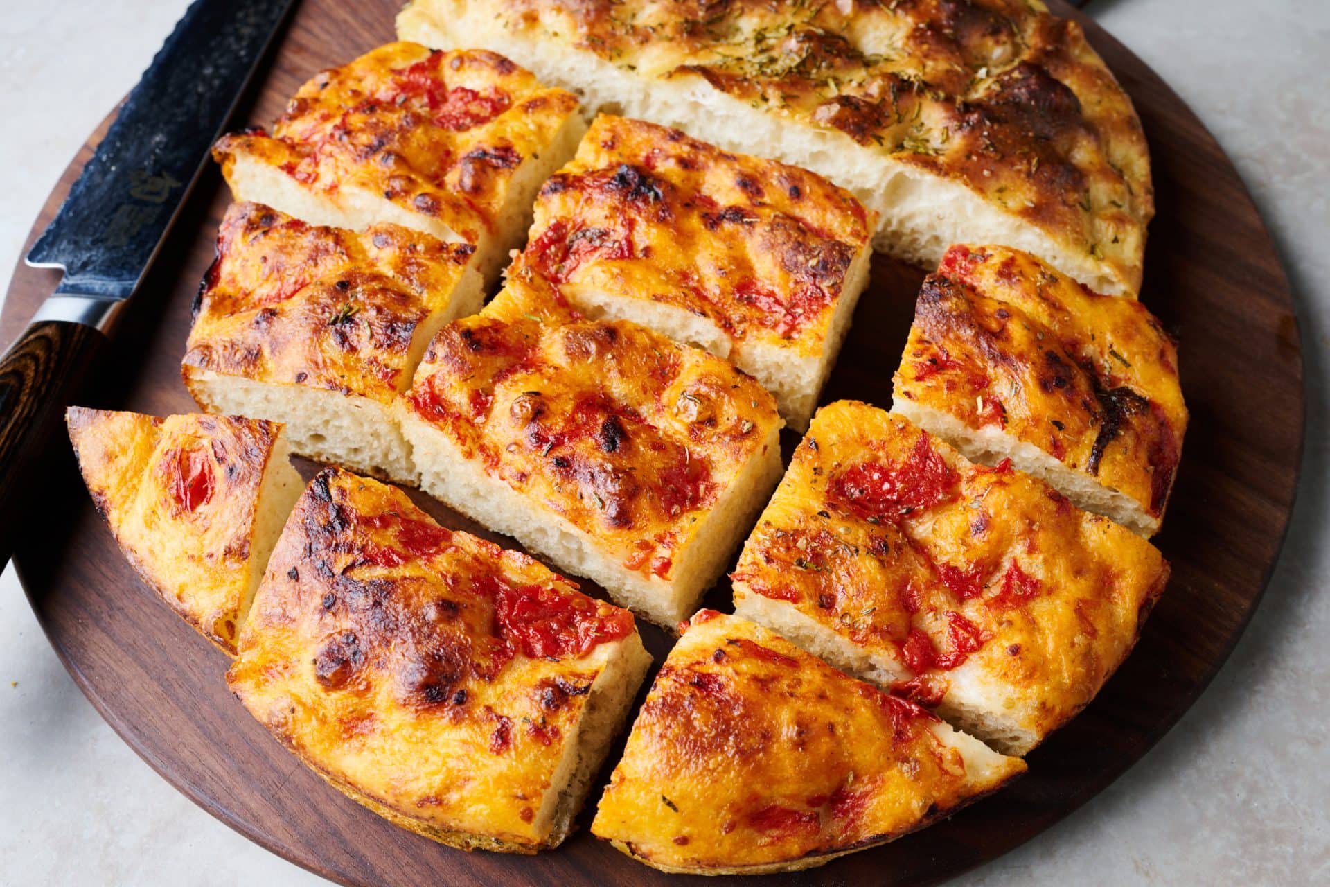 Focaccia Pugliese baked and cut