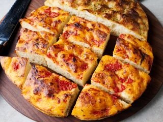 Focaccia Pugliese baked and cut