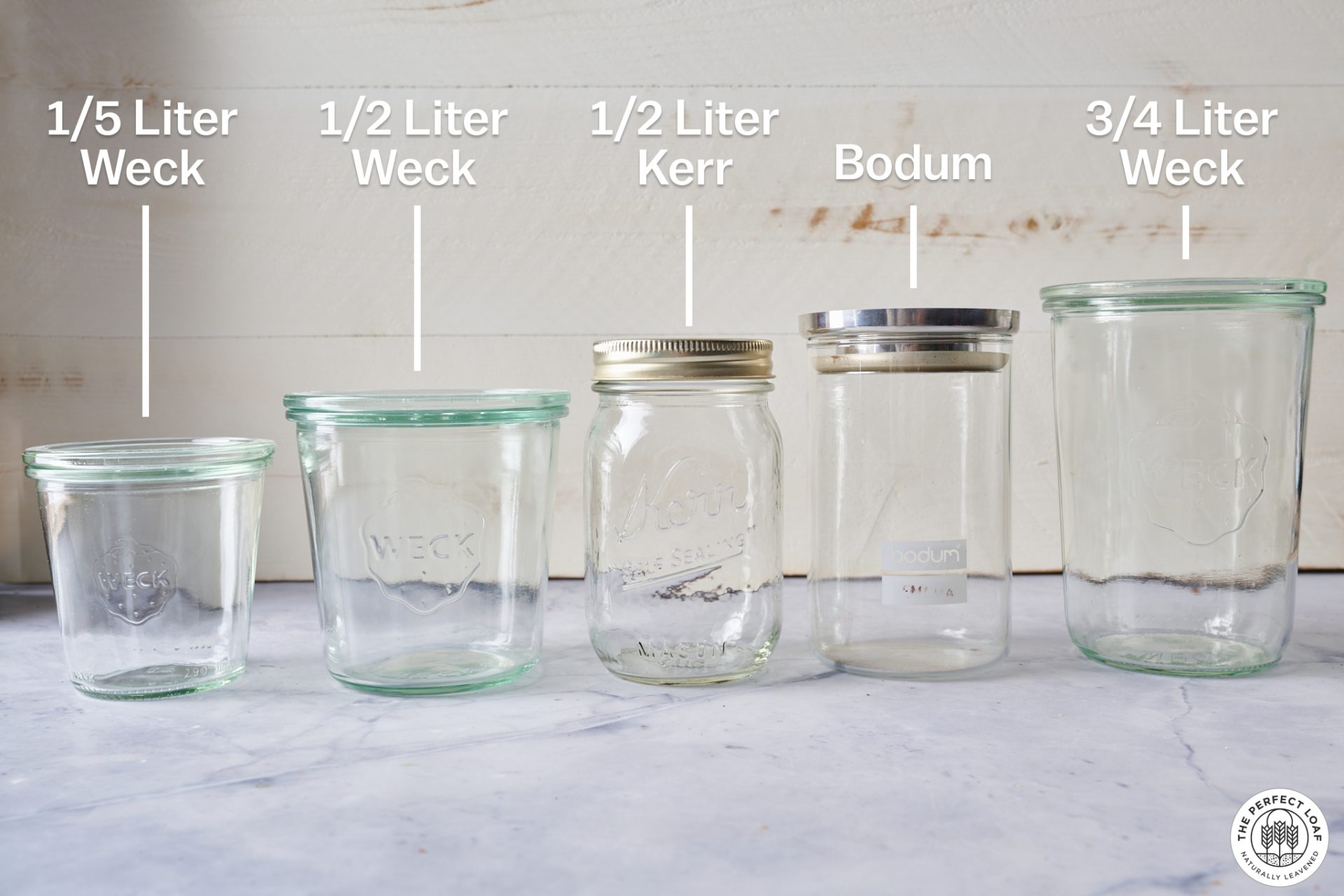Weck, Kerr, and Bodum jars used for sourdough starter.