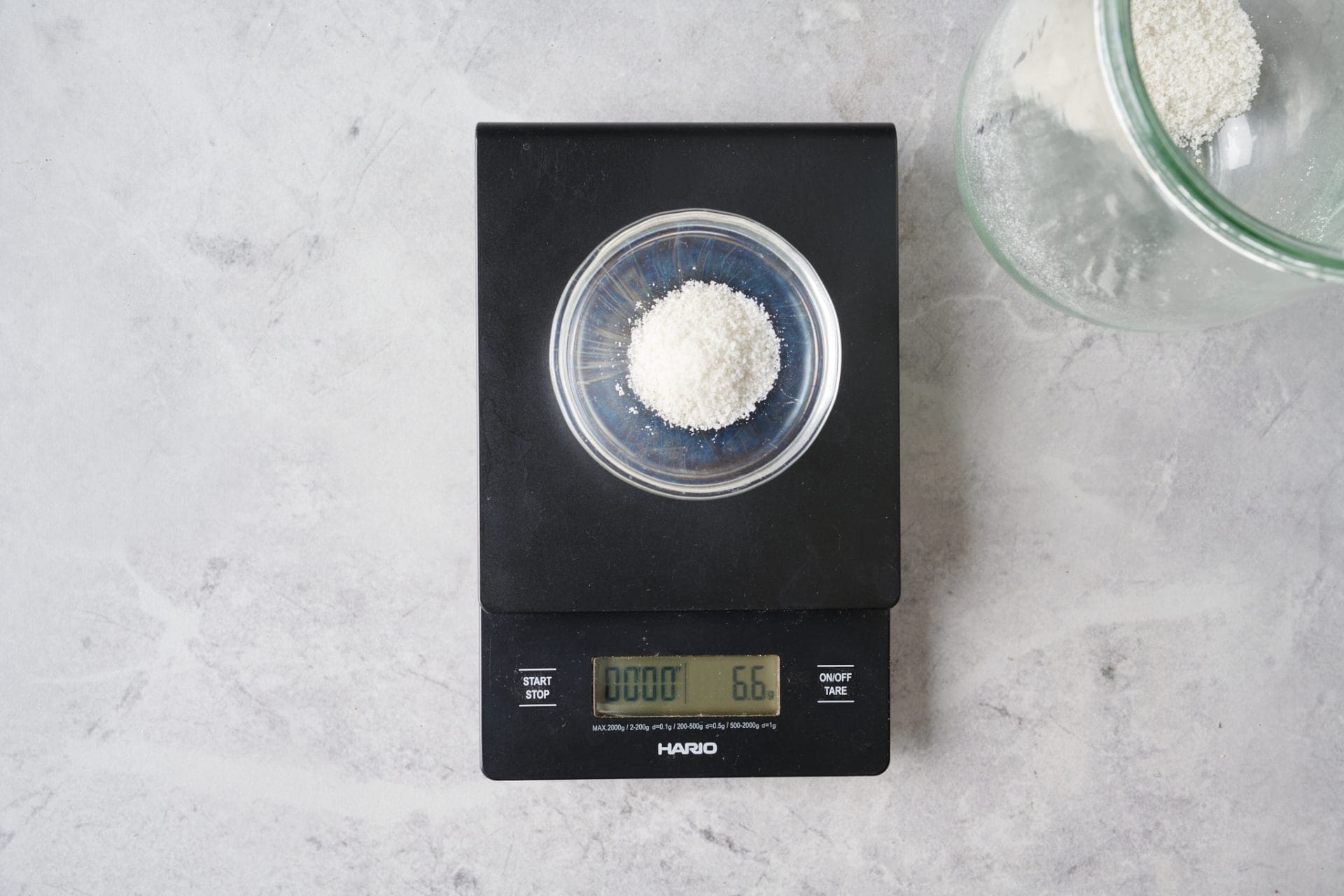 Using the Hario coffee scale to weigh salt.