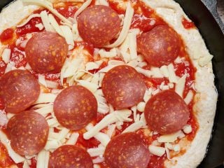 Topped sourdough skillet pizza.