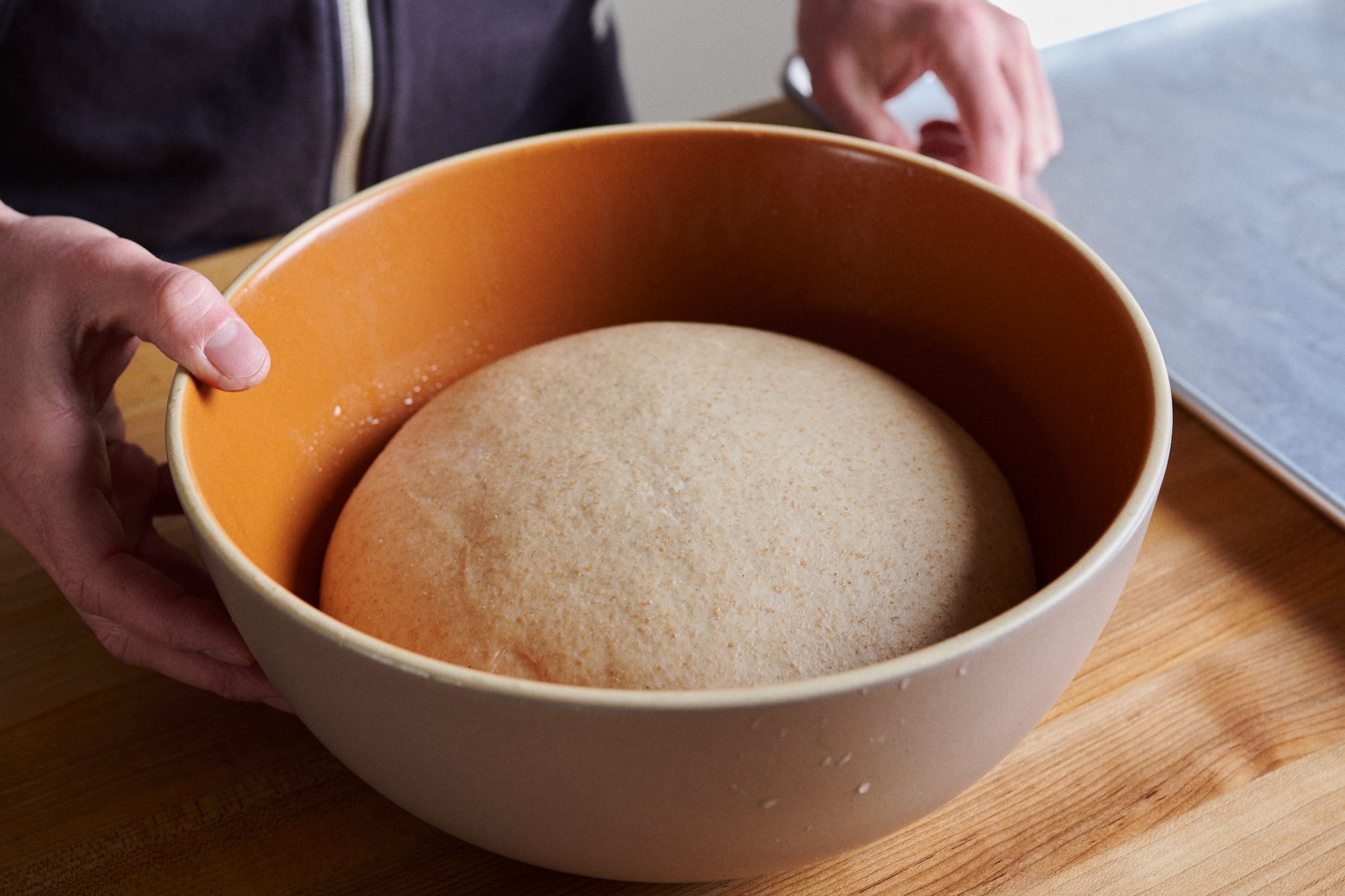 Sourdough bread dough during bulk fermentation.