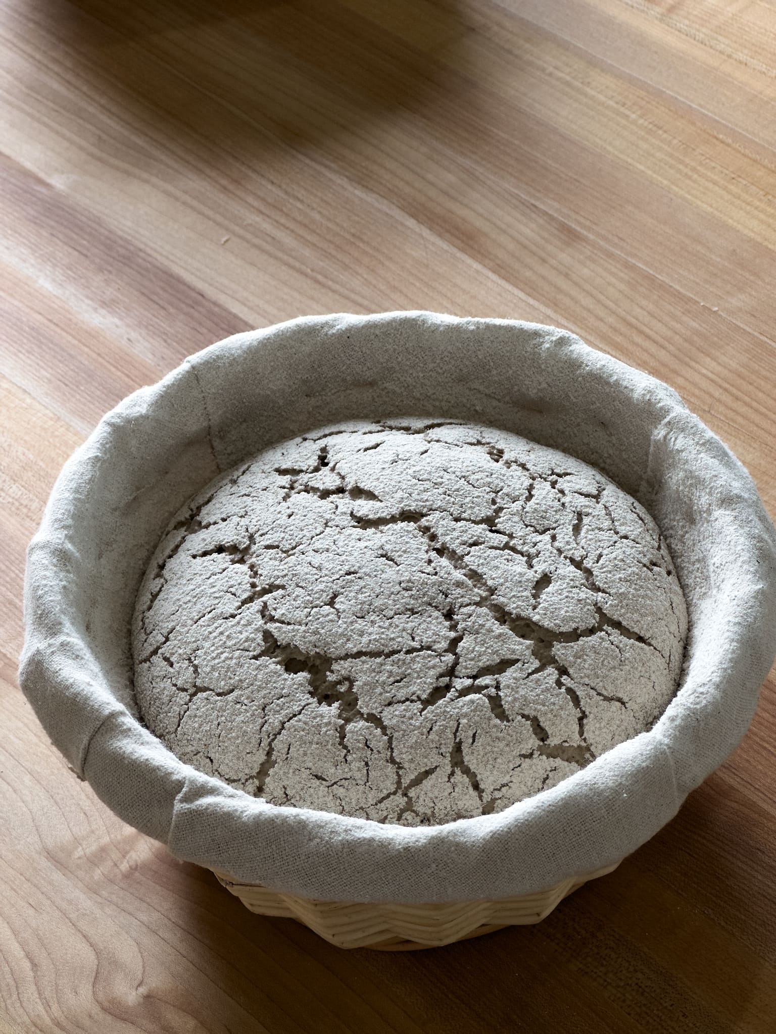 Fully proofed rye sourdough bread dough ready for baking.