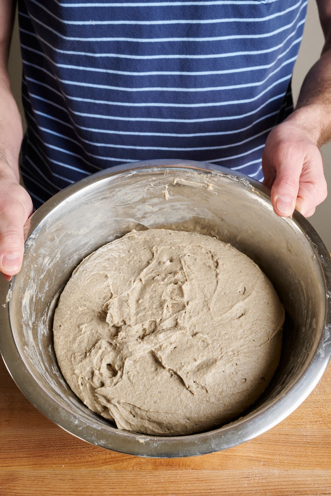Rye dough at end of bulk fermentation.
