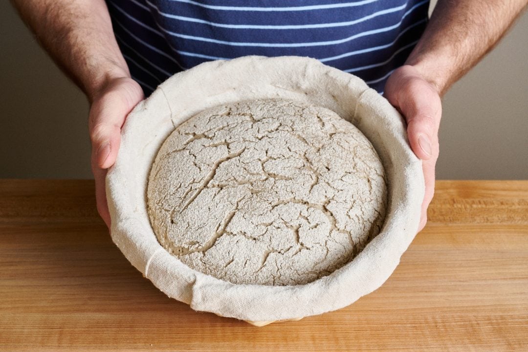 Fully proofed rye bread ready to bake.