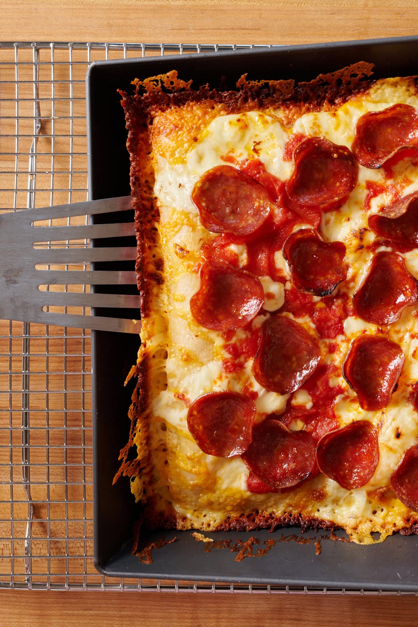 Sourdough Detroit-style pepperoni pizza removed from pan