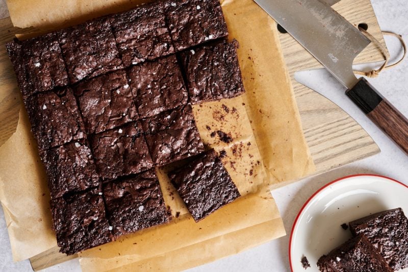 Fudgy sourdough discard brownies cut into squares