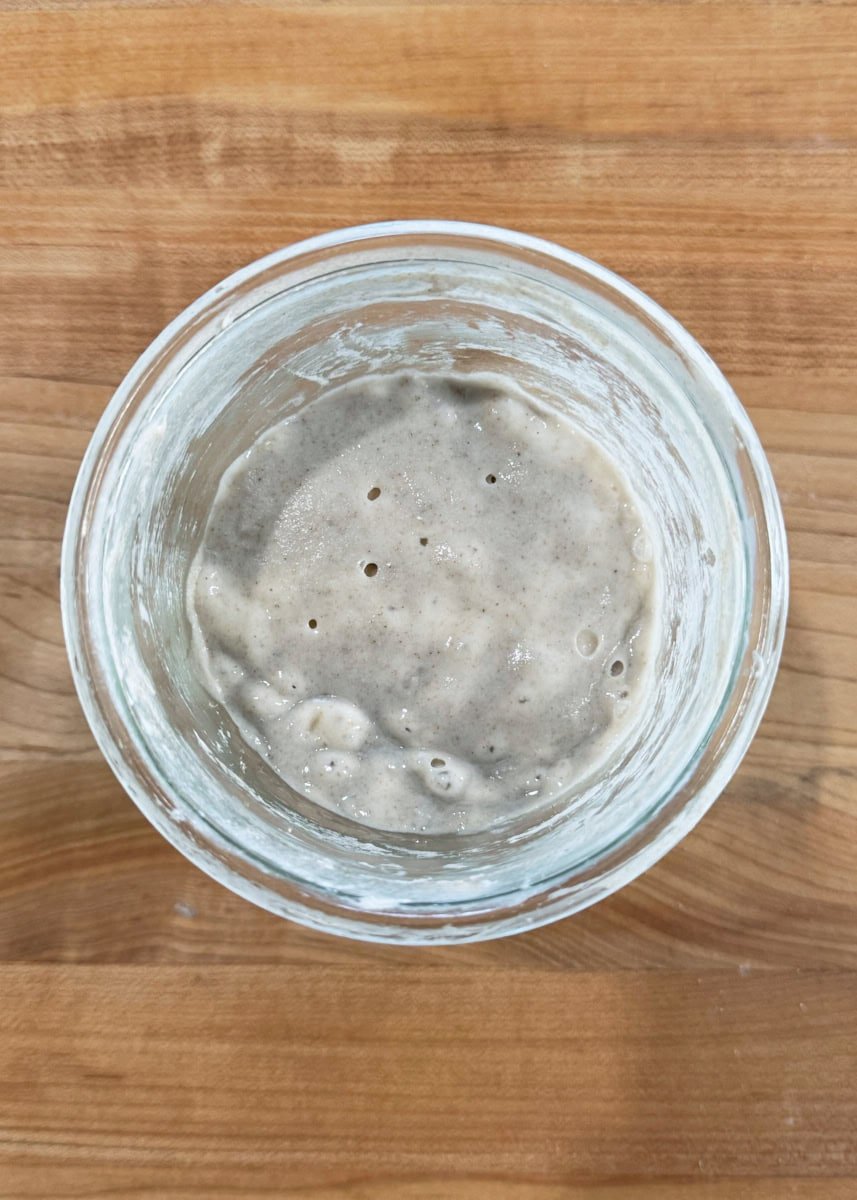 Sourdough starter from the fridge with grey flour on top.