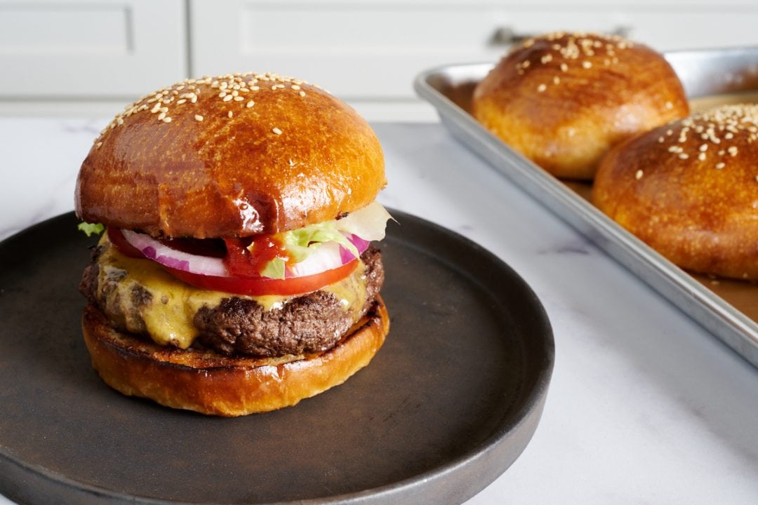 Hamburger made with sourdough milk bread hamburger buns