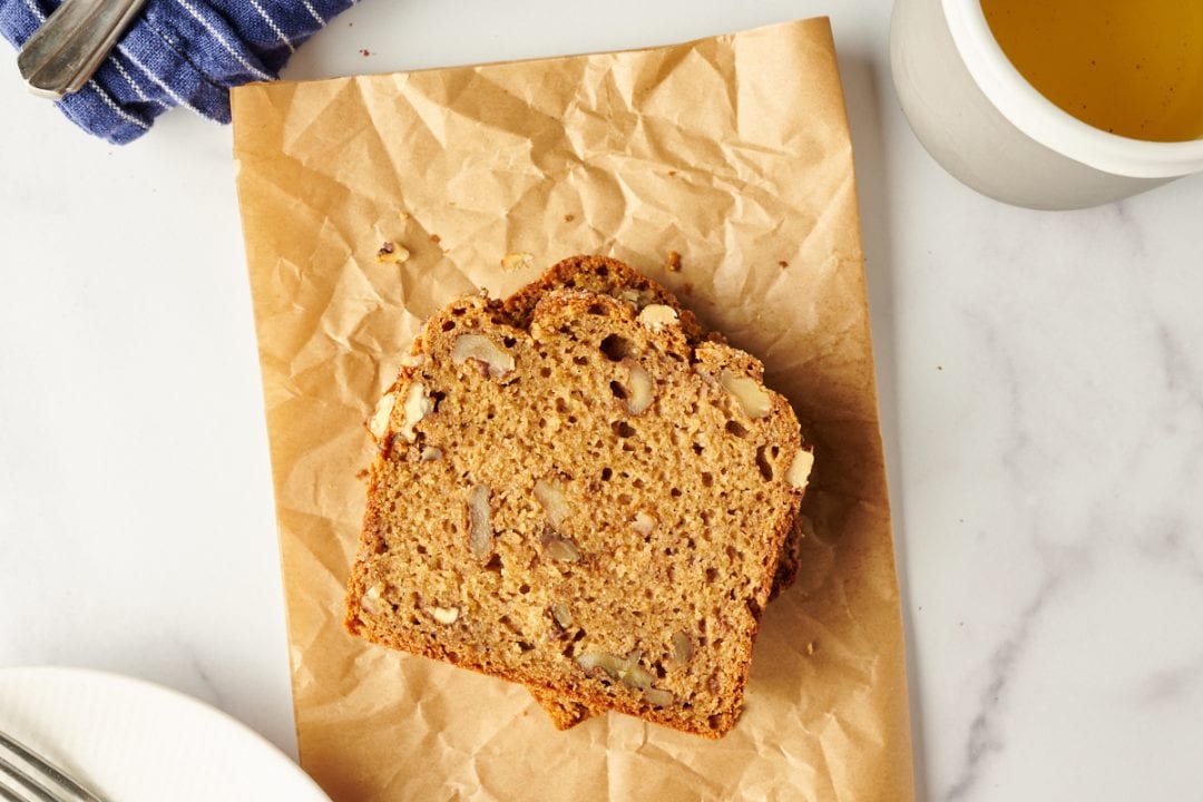 Slice of sourdough starter discard banana bread.