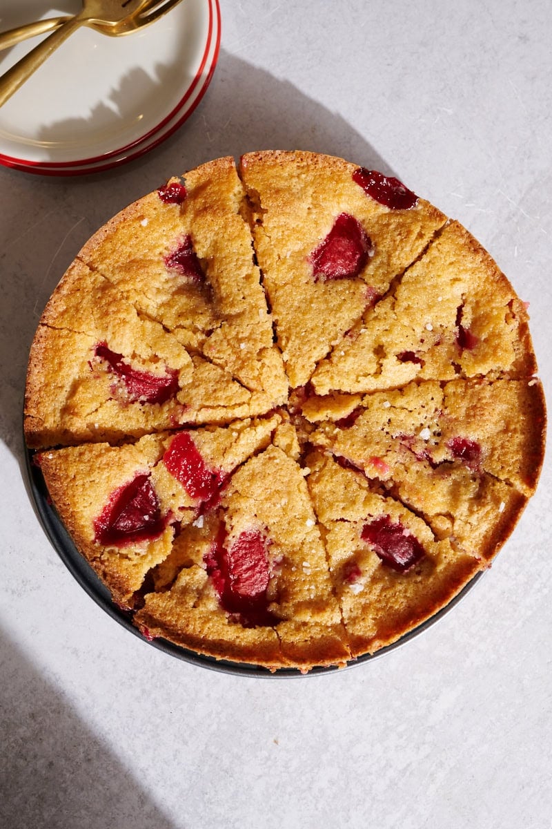 Sourdough discard plum cake sliced.