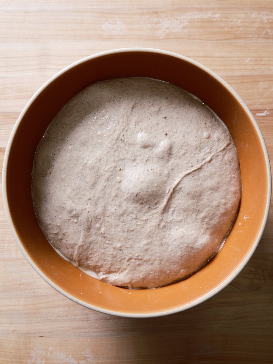 Scalded buckwheat and malt sourdough at the end of bulk fermentation.