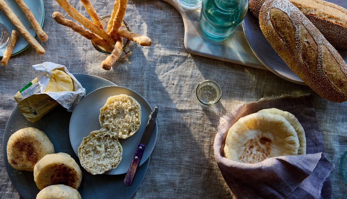 The Perfect Pizza sourdough discard recipes: sub rolls, english muffins, breadsticks, and pita.